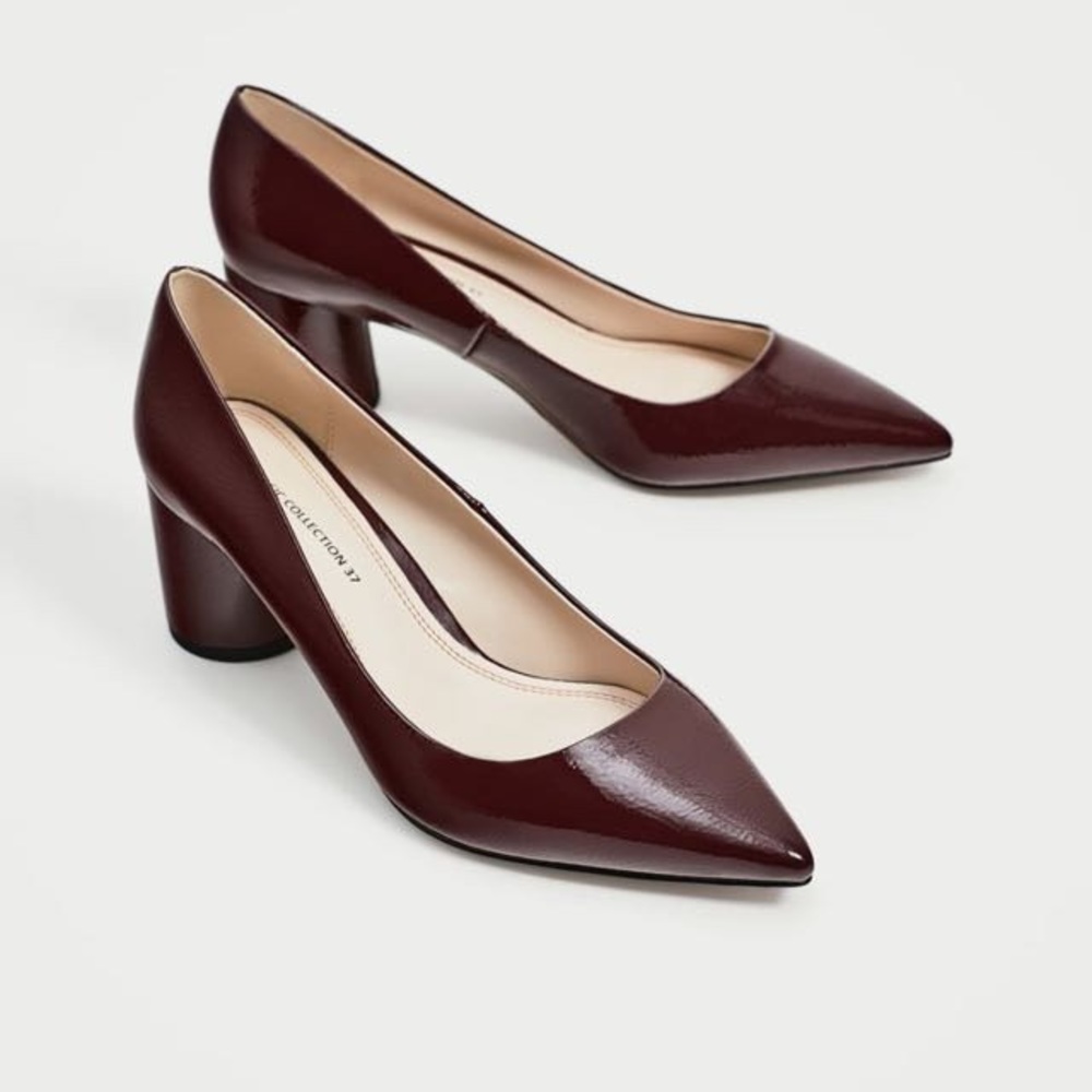 Zara patent round block Burgundy pointed toe heels
